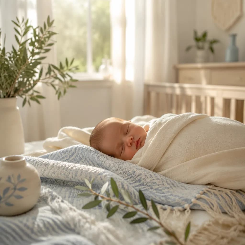 A peaceful swaddled baby in a soft Greek-inspired nursery with olive branch details.