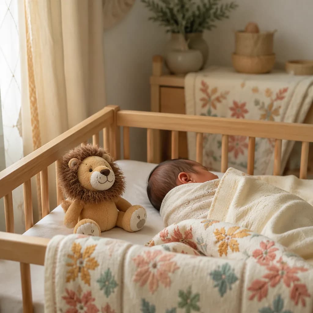 A cozy Punjabi-inspired nursery with a sleeping baby, soft blanket, and plush lion.