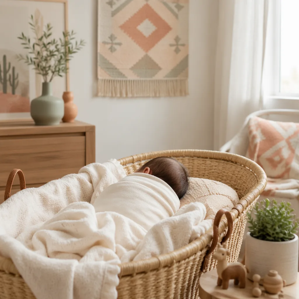 Soft pastel nursery with a swaddled newborn in a woven bassinet, evoking enduring love.