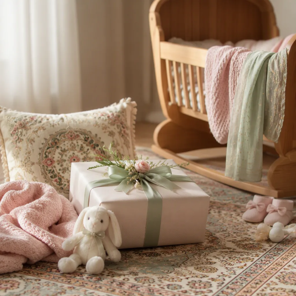 Cozy pastel nursery with a wrapped gift and Persian-inspired details for the name Armaghan