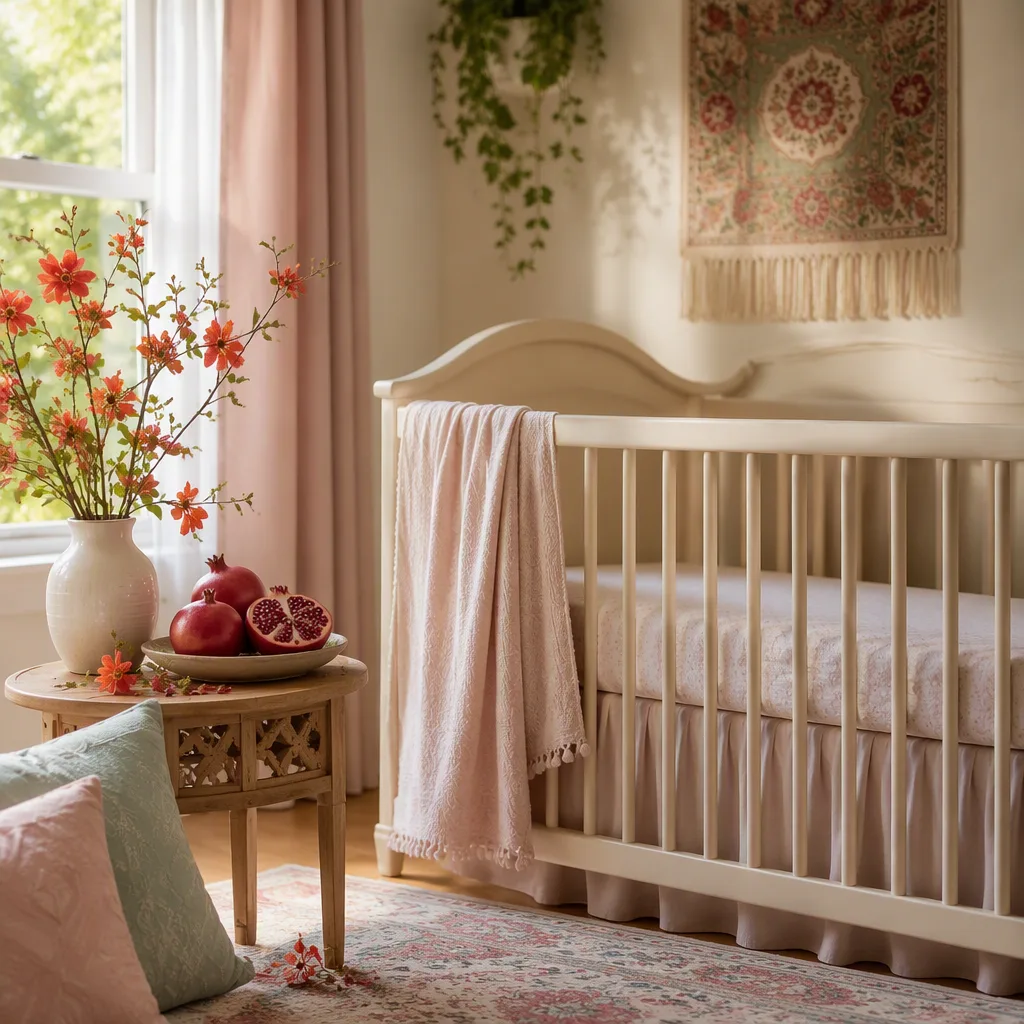 Soft Persian-inspired nursery with pomegranate blossoms and a cozy crib.