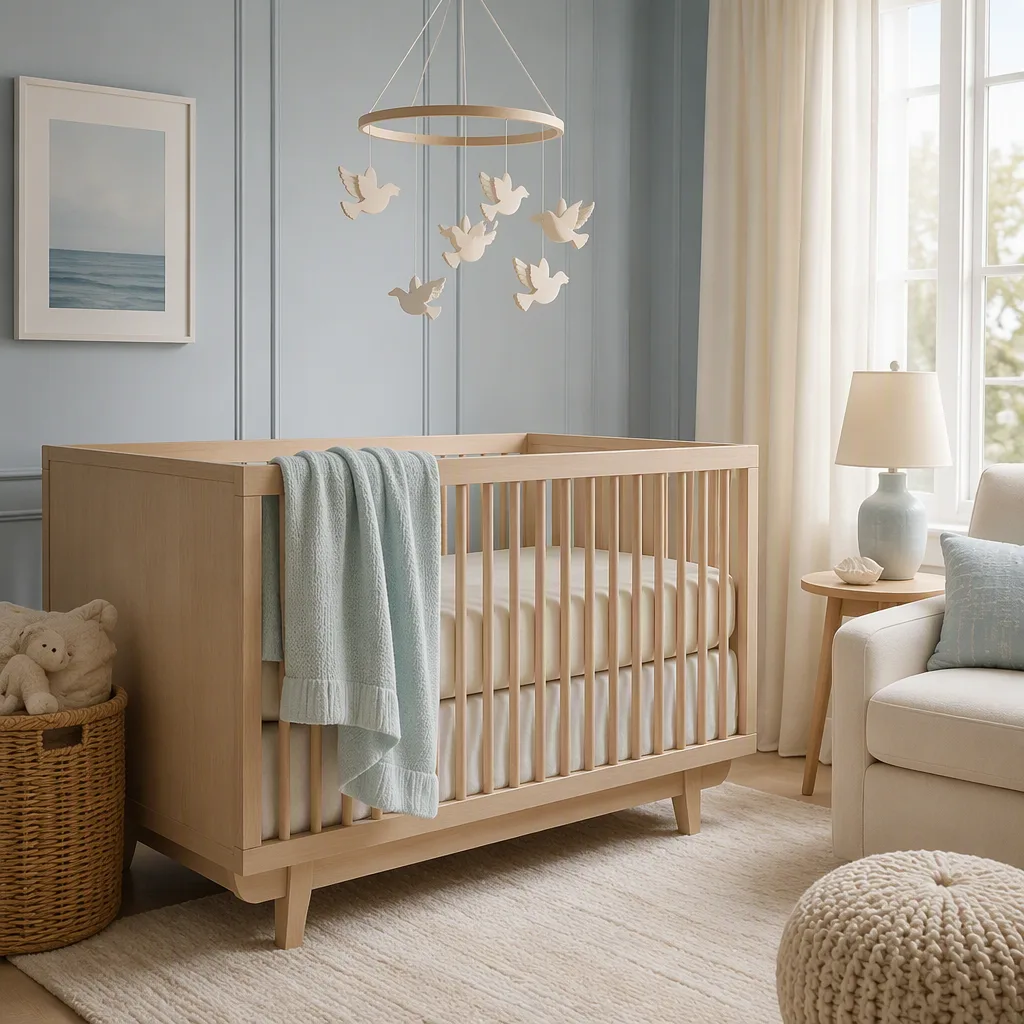 Soft pastel nursery with a dove mobile and gentle ocean-inspired accents for the name Jonah