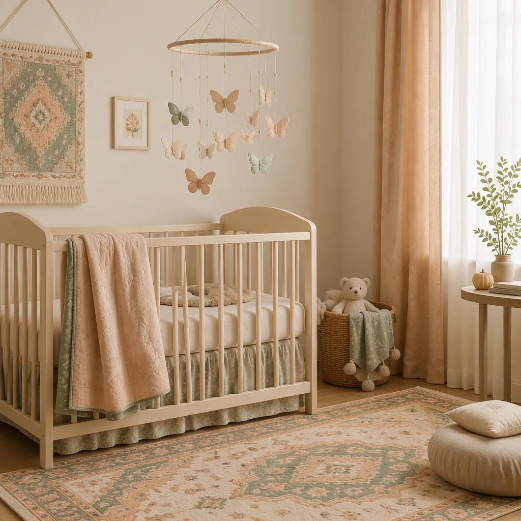Soft pastel nursery with a butterfly mobile and Persian-inspired rug in warm natural light
