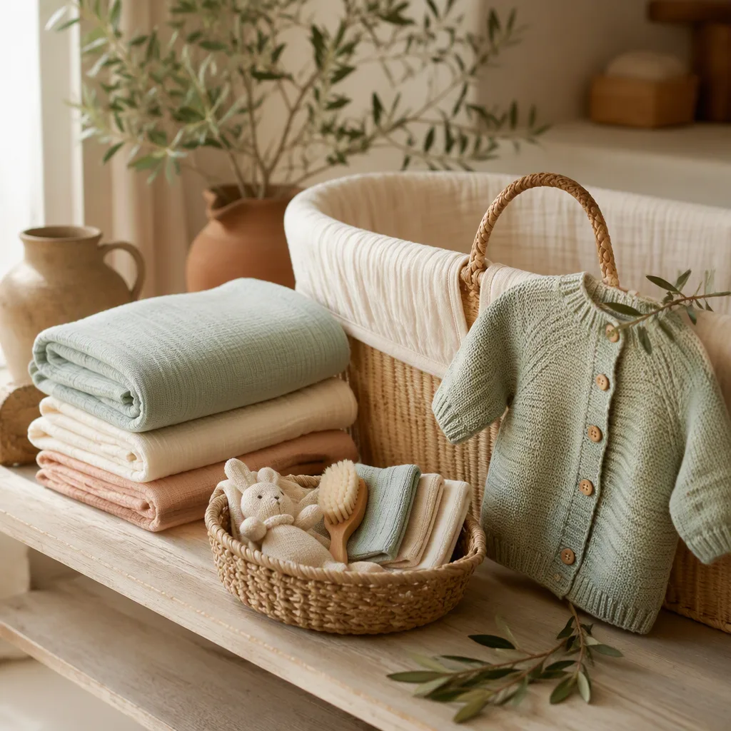 Soft Spanish-inspired nursery still-life with pastel baby linens, olive branches, and warm natural light.