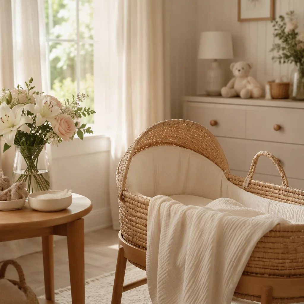 Soft pastel nursery with a bassinet and delicate lilies and roses, evoking the name Susannah.