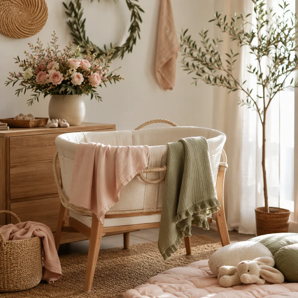 Sunlit pastel nursery with blooming flowers and subtle Greek-inspired accents.