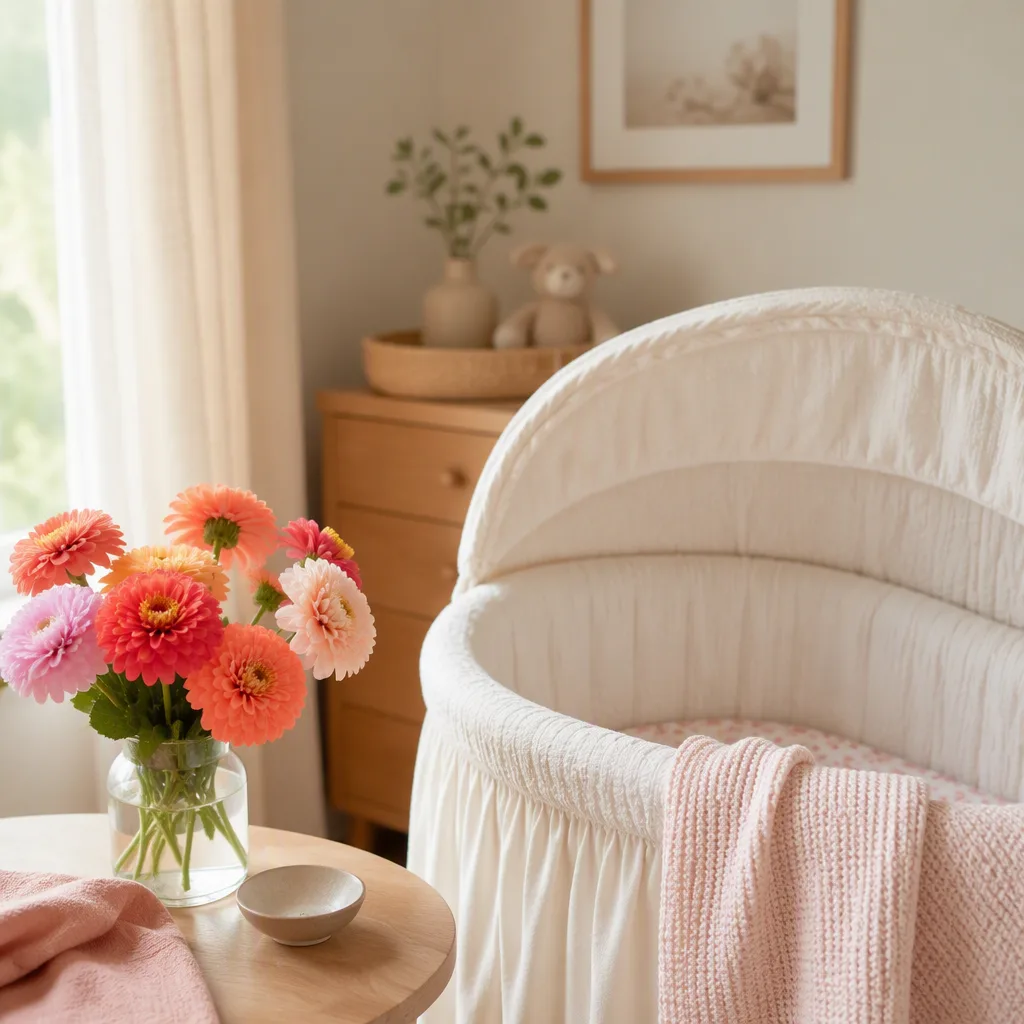 Cozy pastel nursery with a bassinet and a vase of zinnia flowers in soft natural light.