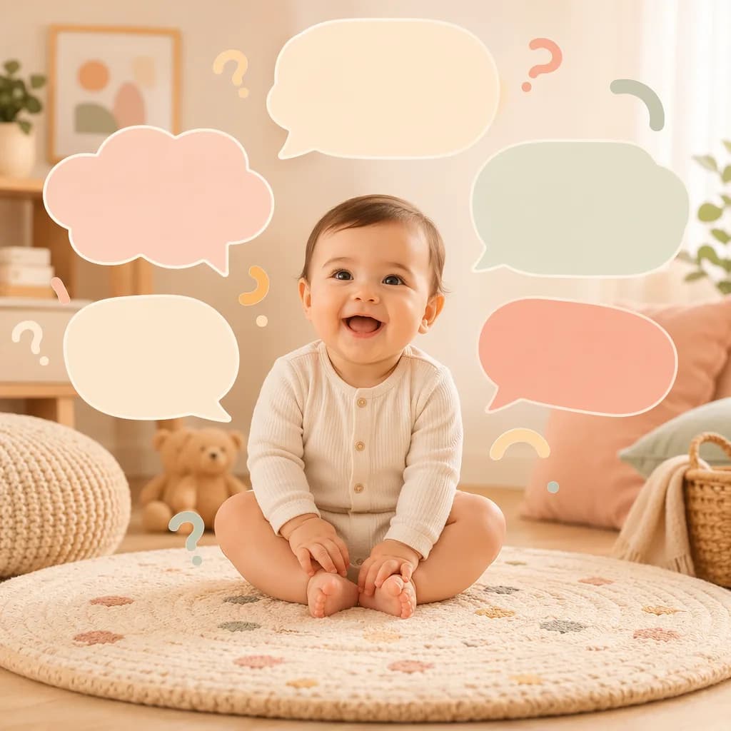 Happy baby with blank speech bubbles and playful FAQ-themed shapes