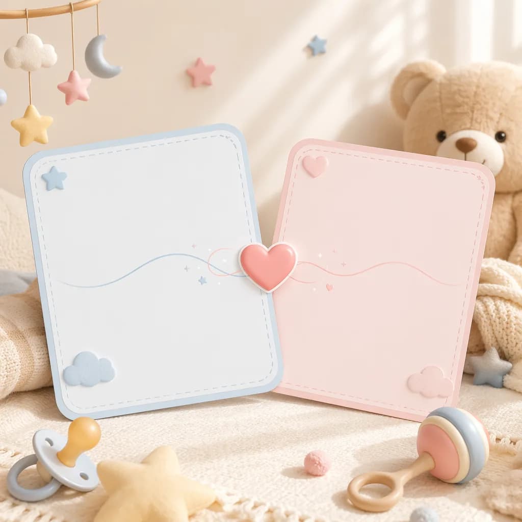 Pastel illustration of two blank name cards connected by a heart for name compatibility.