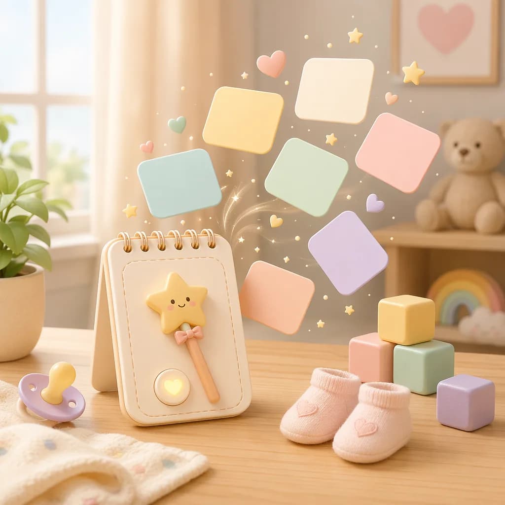 Pastel illustration of blank name idea cards and baby items in a cozy nursery.