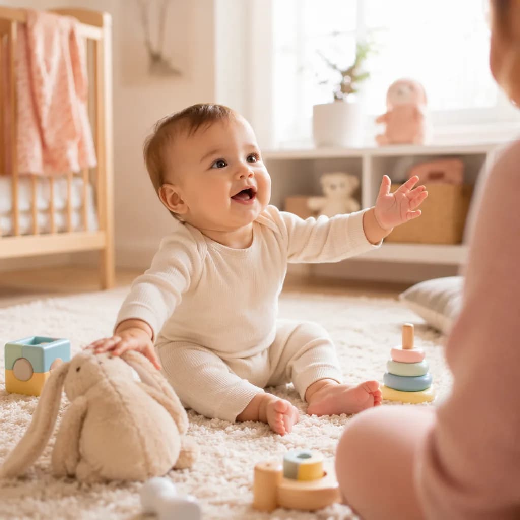 Baby babbling purposefully while reaching for a toy in a cozy nursery.