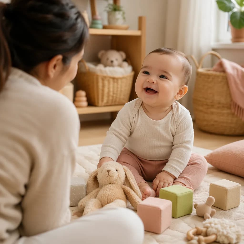 A baby smiles at a familiar caregiver during cozy playtime.