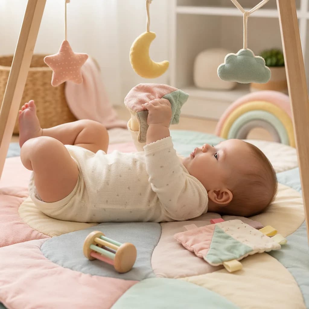 A young baby on a soft play mat exploring sensory toys with touch, sound, and motion.