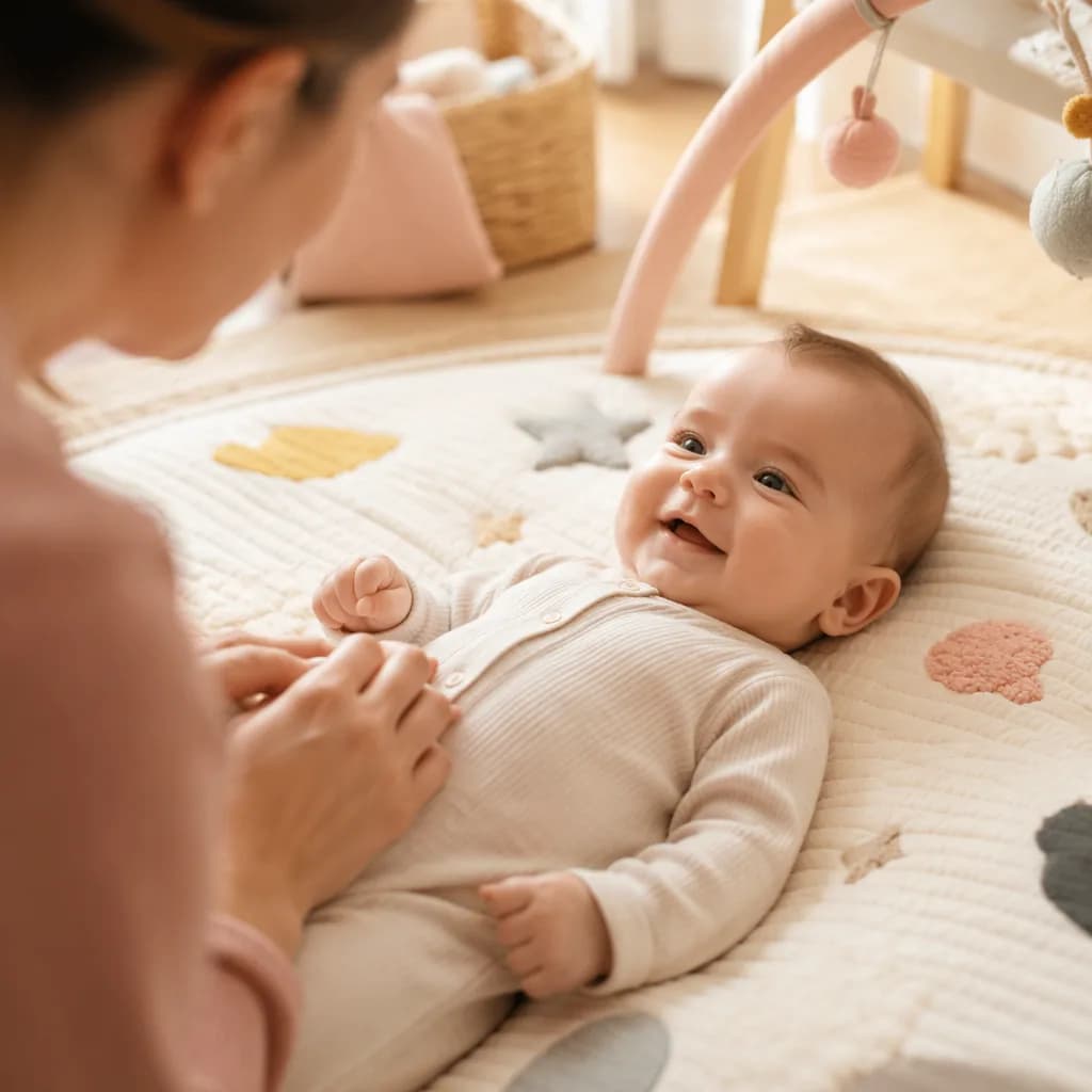 Baby smiling at a nearby caregiver during gentle bonding play.