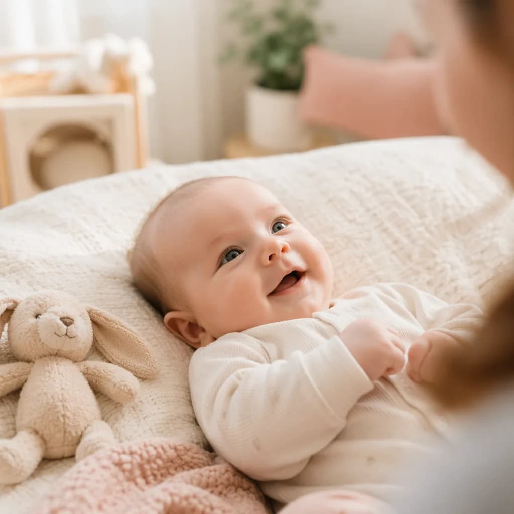 Young baby smiling and gazing toward a caregiver in a soft pastel nursery.