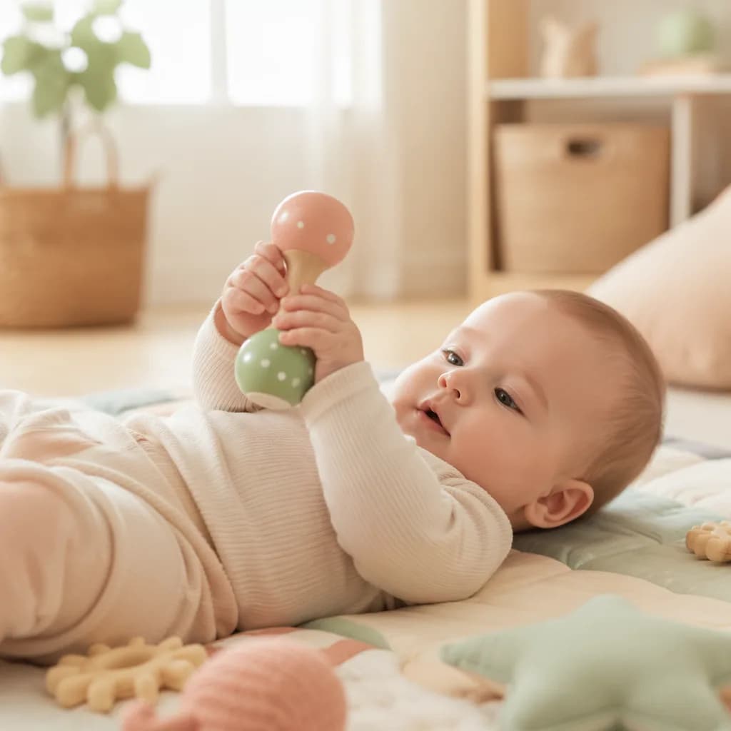 Baby on a play mat grabbing and holding a soft toy rattle.