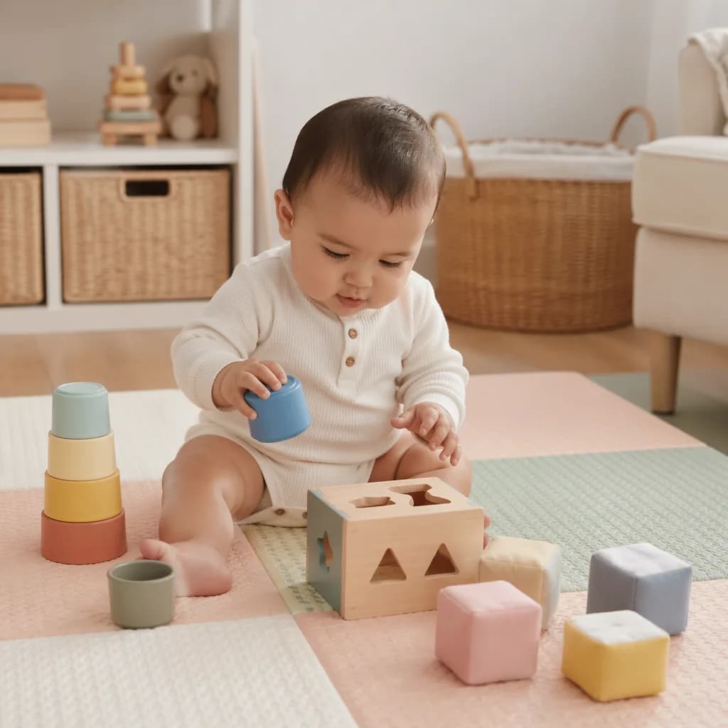 A 9-month-old baby explores stacking cups and soft blocks on a cozy play mat.