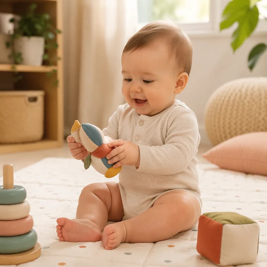Baby sitting on a play mat reaching for and passing a soft toy between hands.