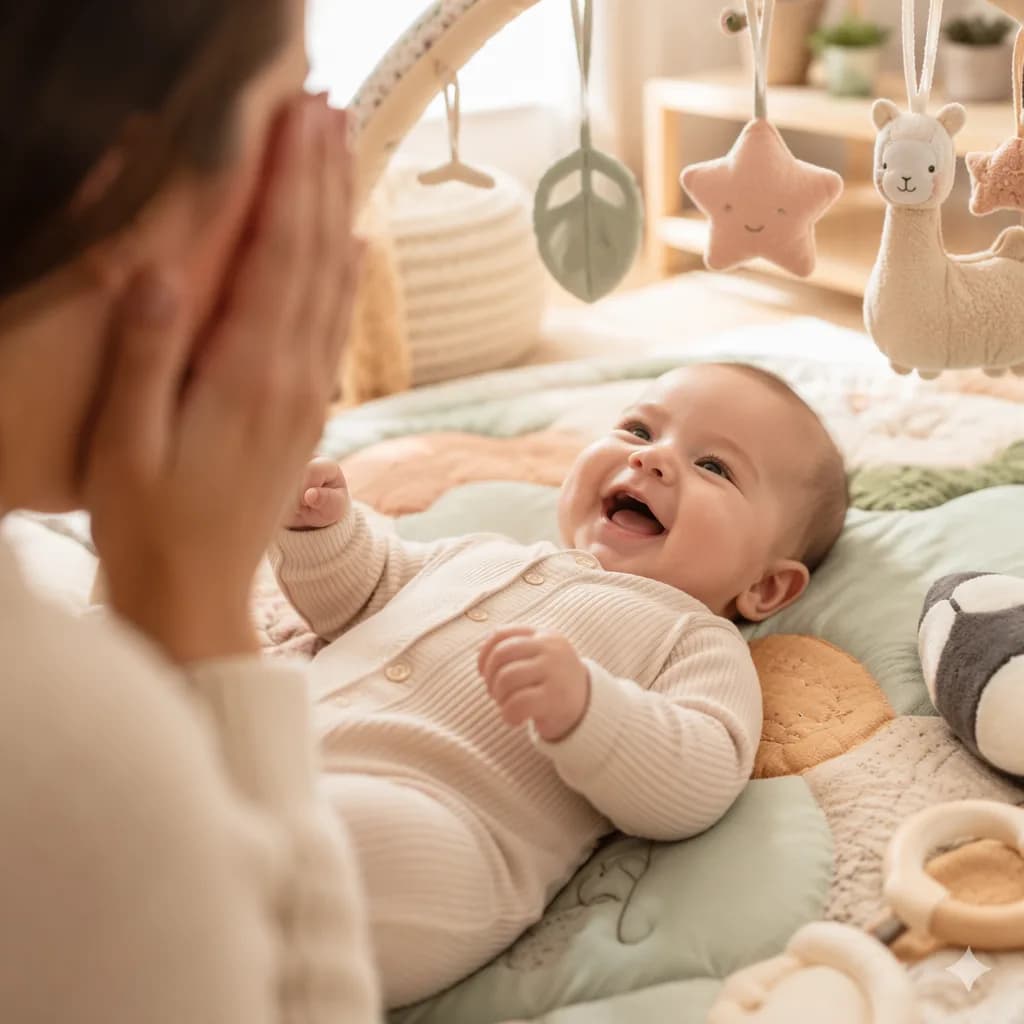 A laughing baby on a soft play mat during a gentle peekaboo moment.