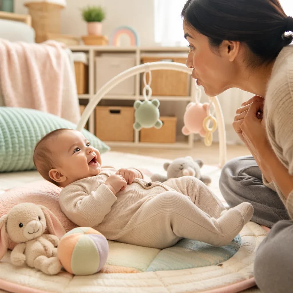 Baby and caregiver taking turns making gentle sounds during playtime.