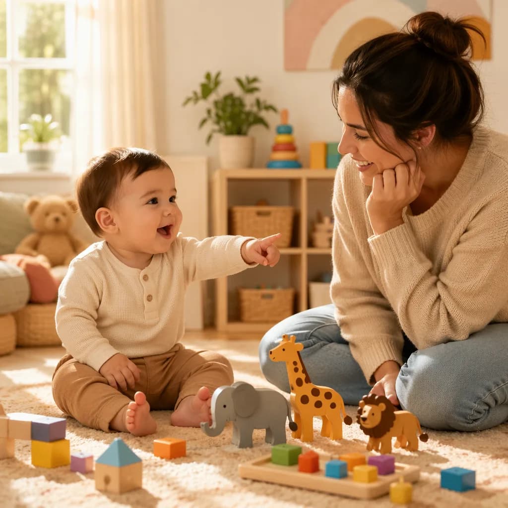Toddler pointing at toys while babbling during cozy language play.