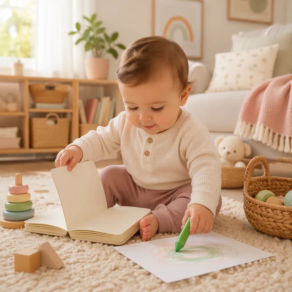 A baby turns pages and scribbles with a chunky crayon in a cozy nursery.