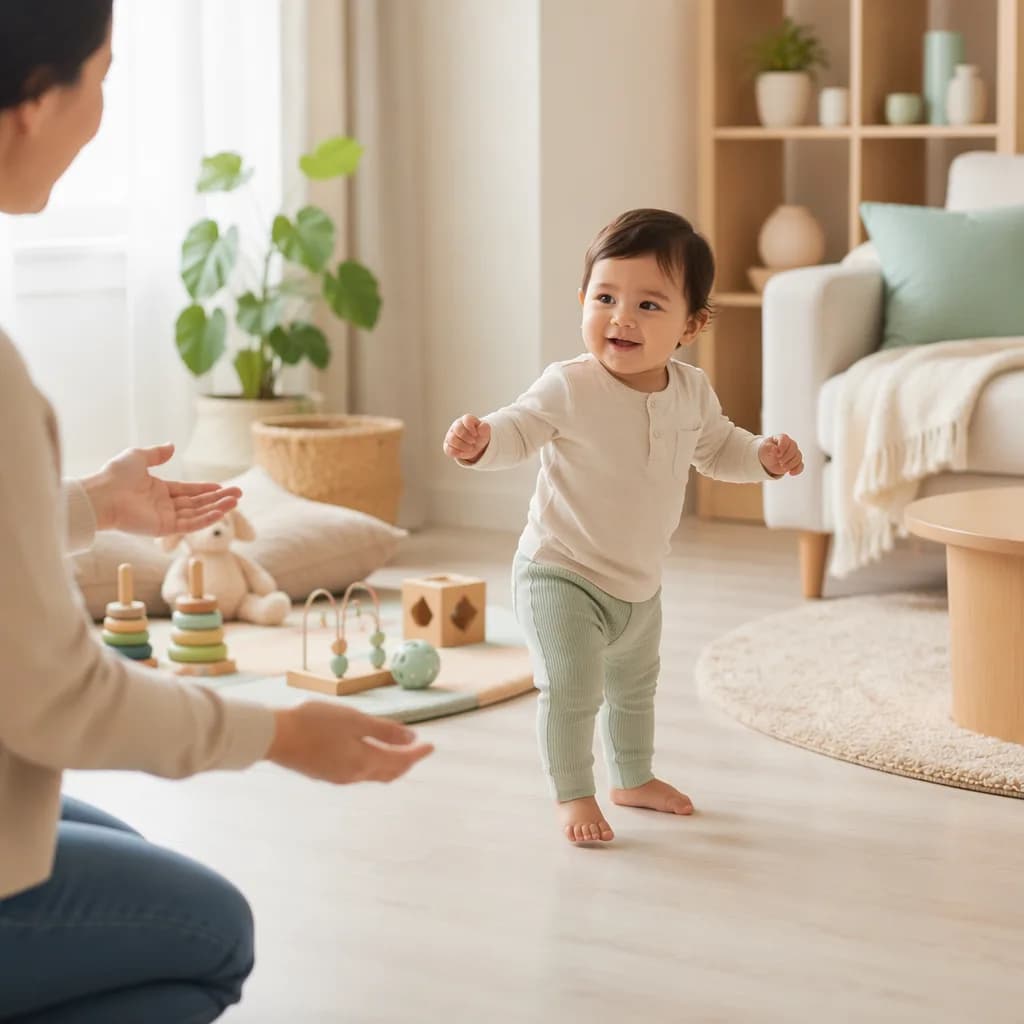 Toddler walks a few steps away from play area while checking back for reassurance.