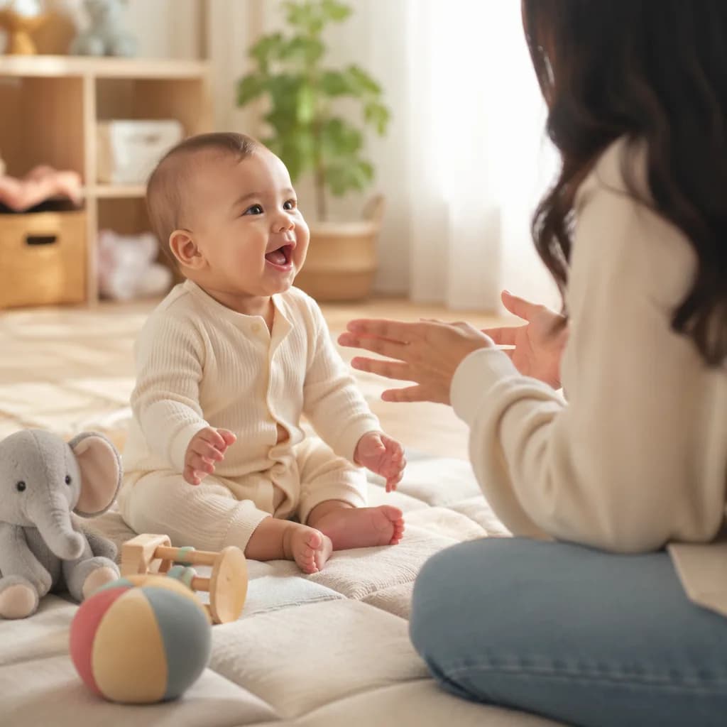 Baby sitting on a play mat babbling with a caregiver during playtime.