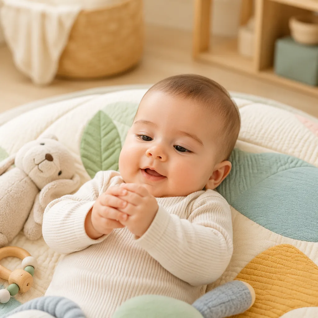 Baby on a play mat bringing both hands together during play.