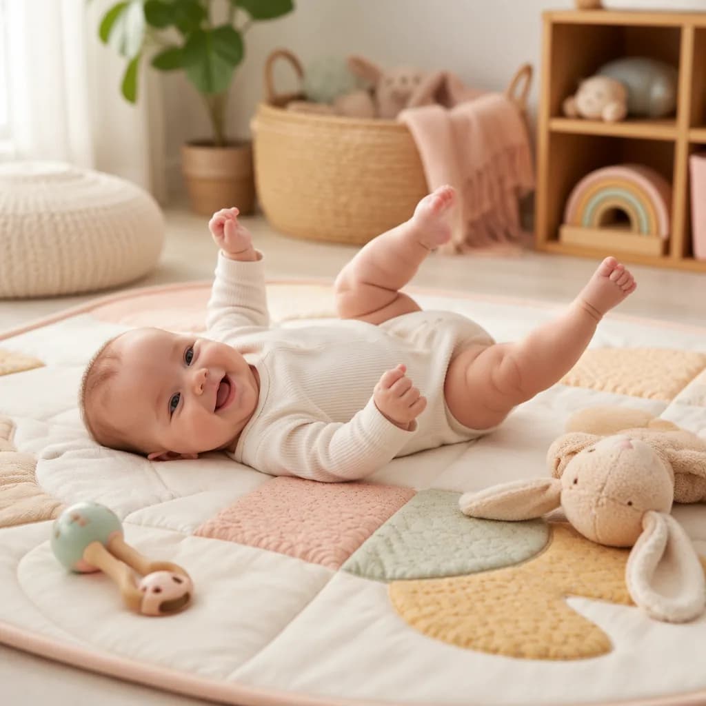 A happy young baby wiggling arms and legs on a soft pastel play mat.