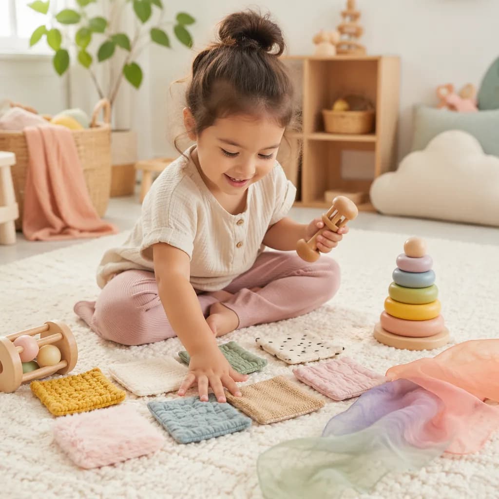 Preschool child exploring sensory toys with textures, sounds, and movement in a cozy pastel playroom.