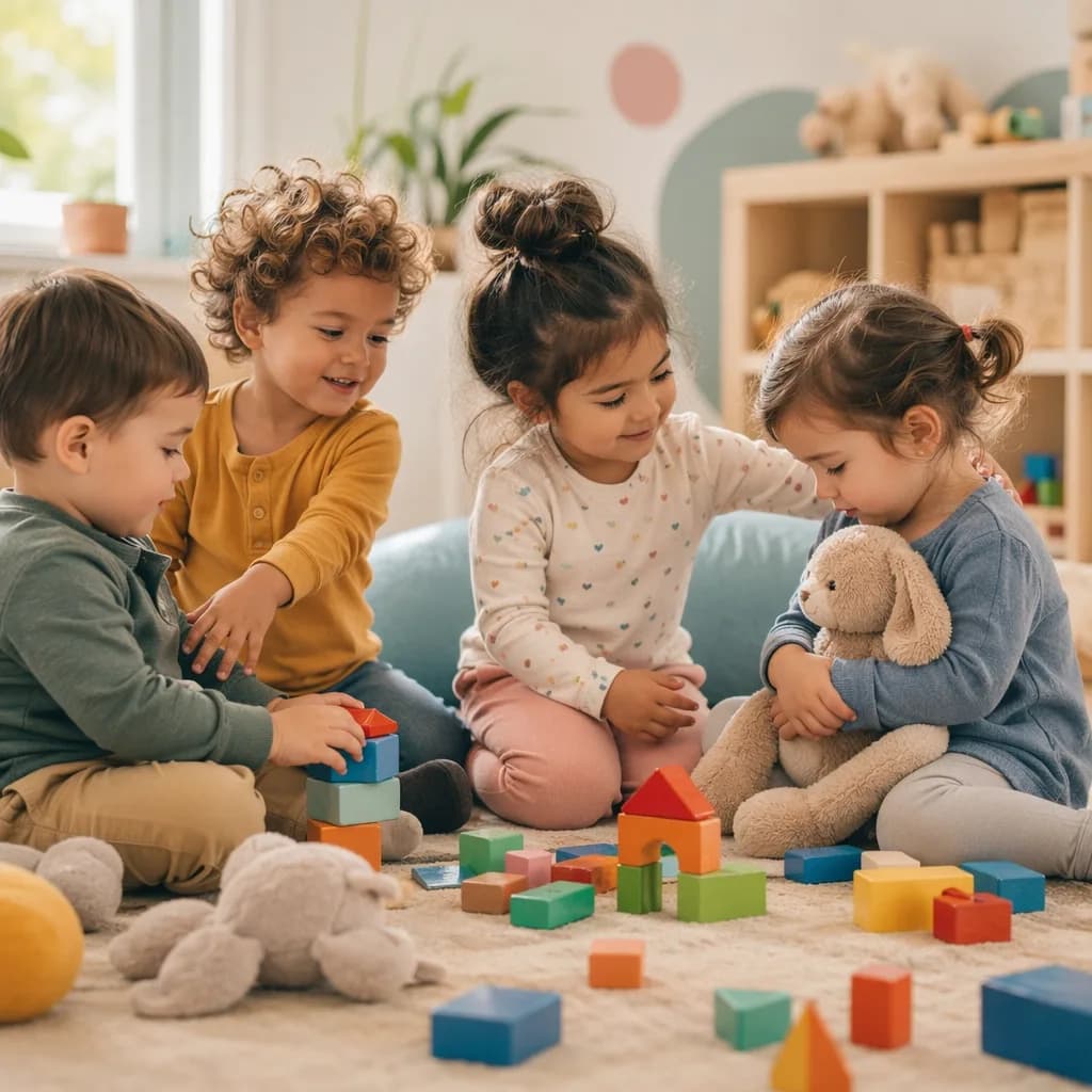Preschool children sharing toys and comforting each other in a cozy playroom.