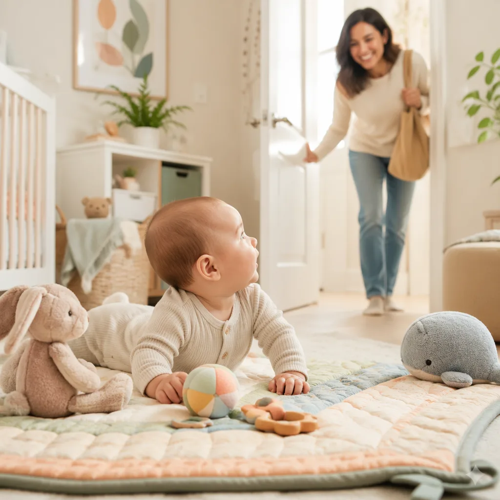 Baby on a play mat noticing a friendly new face in a cozy nursery.