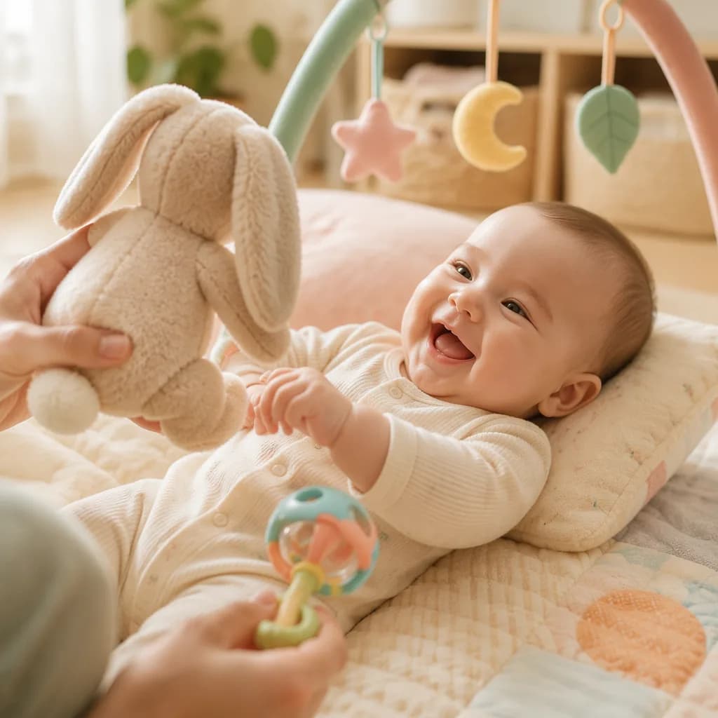 A young baby smiles at a familiar plush toy and rattle on a cozy play mat.