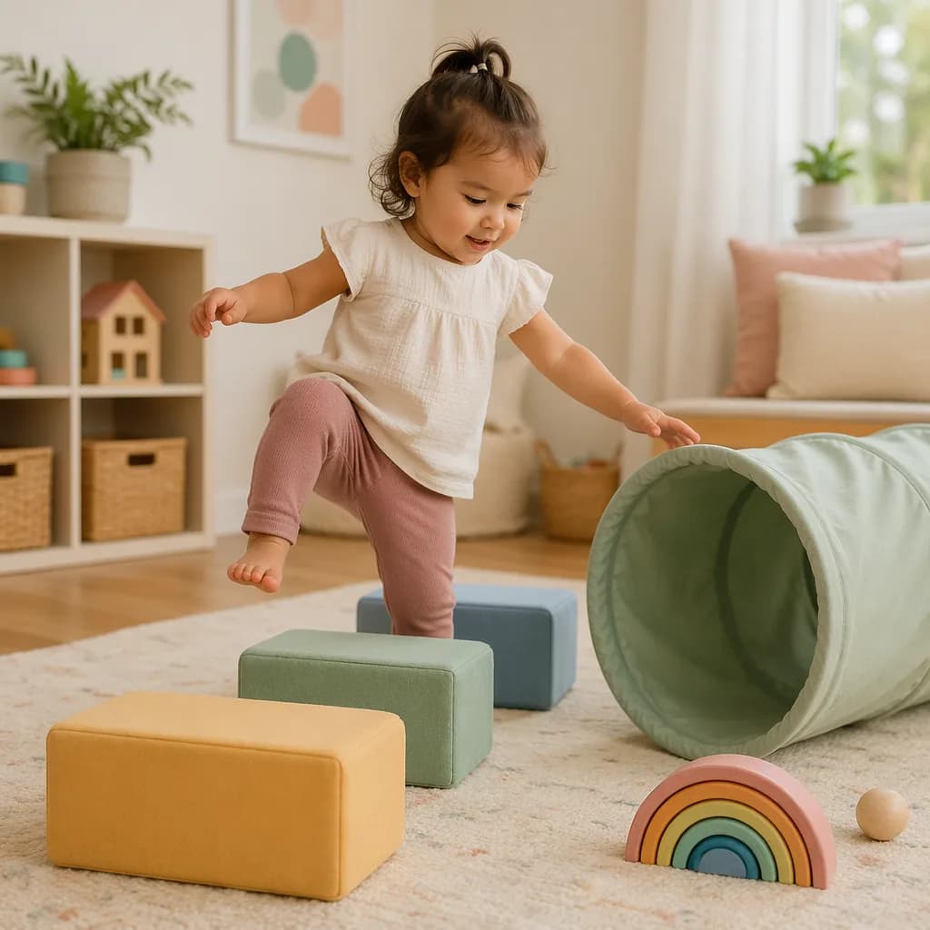 Toddler practicing big motor movements in a cozy pastel playroom.