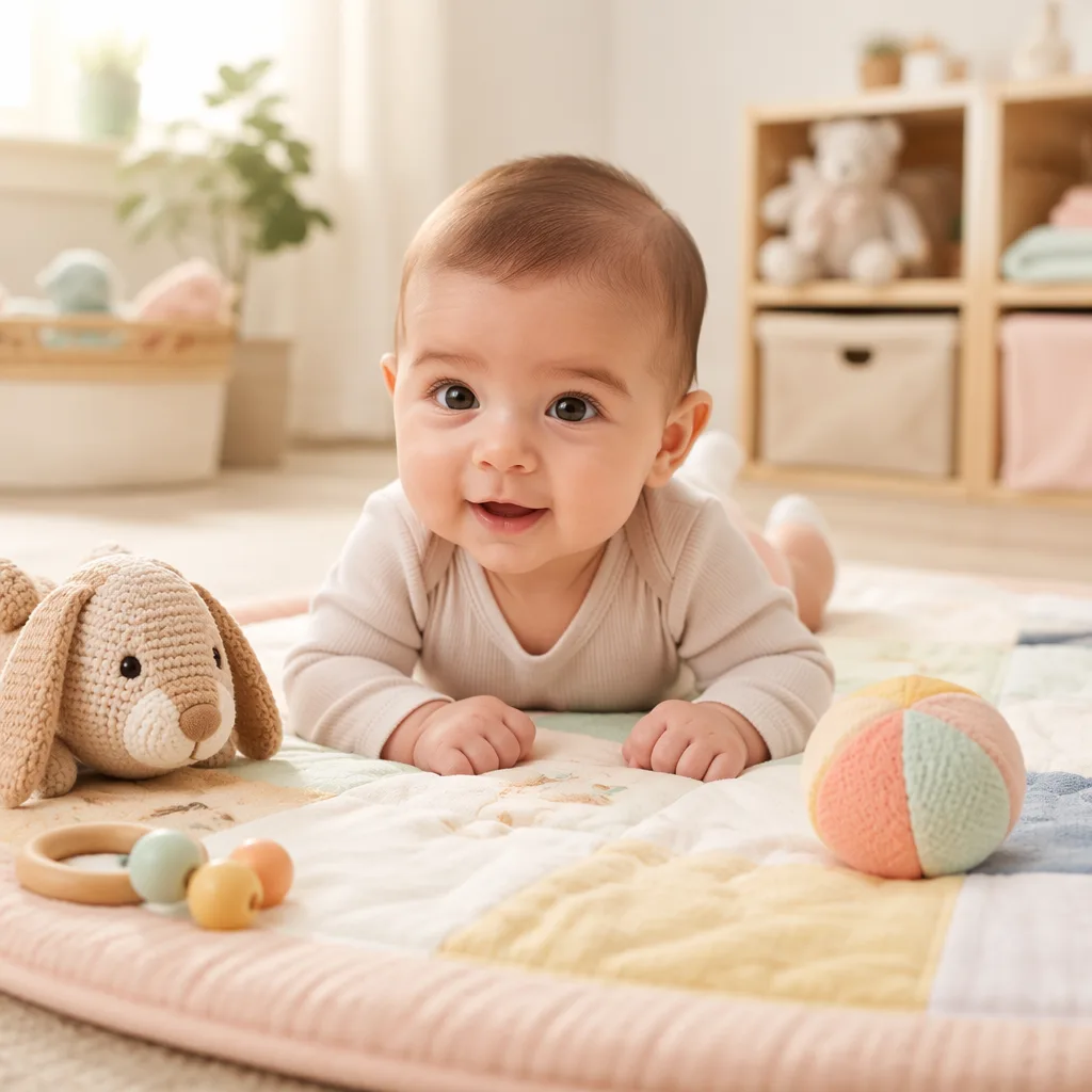 Baby lifting chest during tummy time on a soft play mat.
