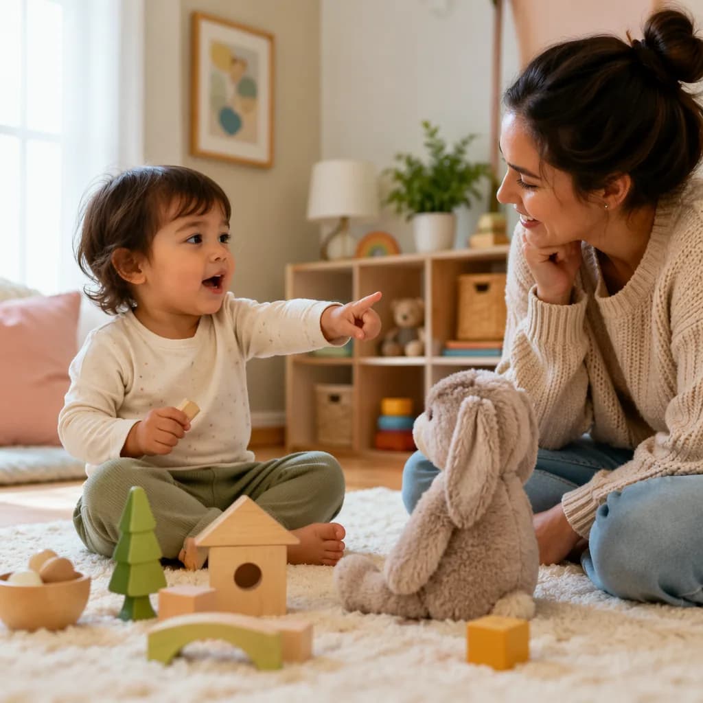 Toddler using expressive language during cozy pretend play with toys.