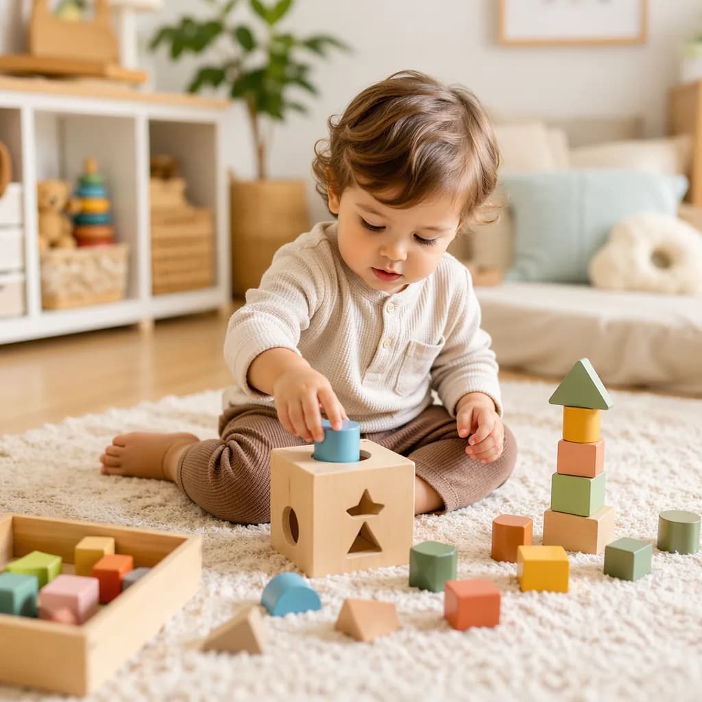 Toddler sorting shapes and stacking blocks in a cozy, sunlit playroom.