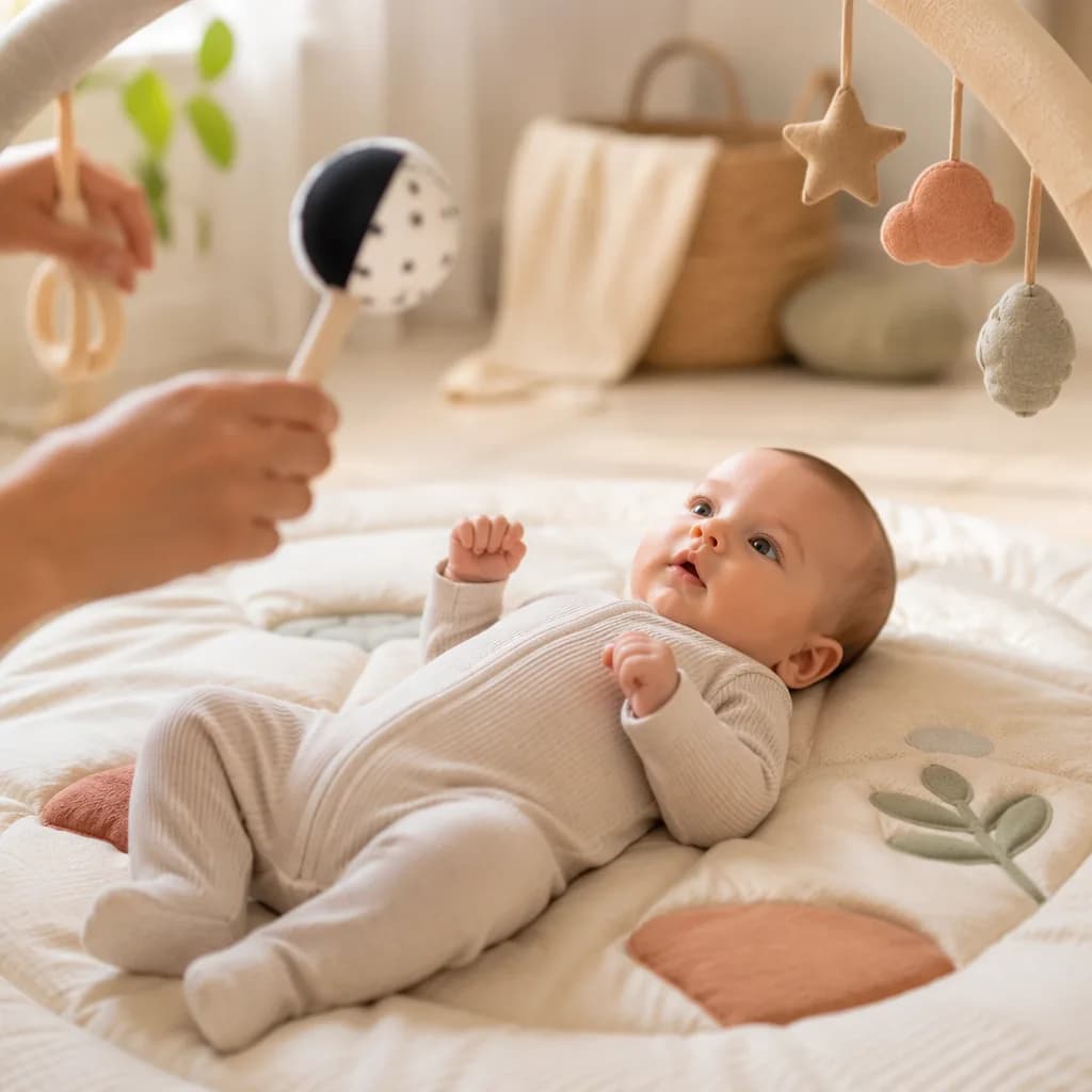 Baby on a play mat visually tracking a toy from side to side.