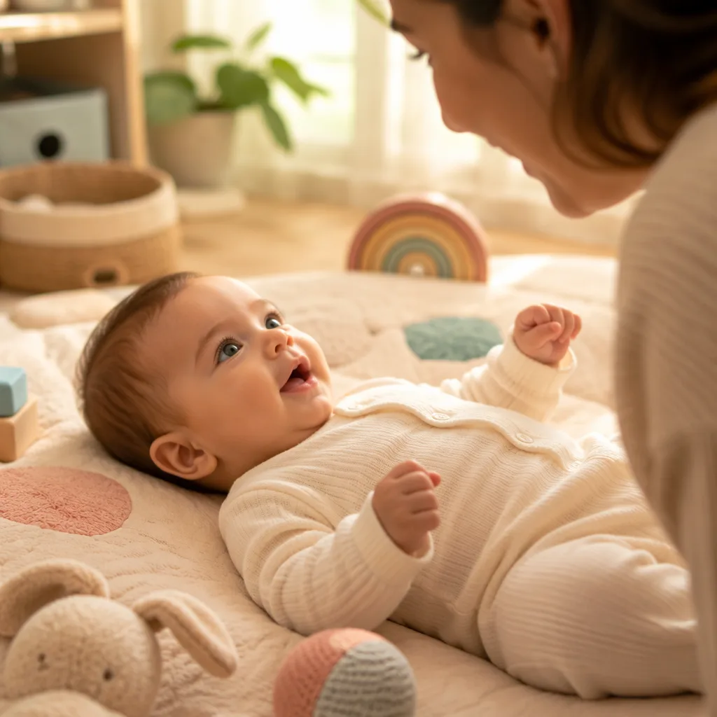 Baby watching a caregiver’s face during gentle playtime.