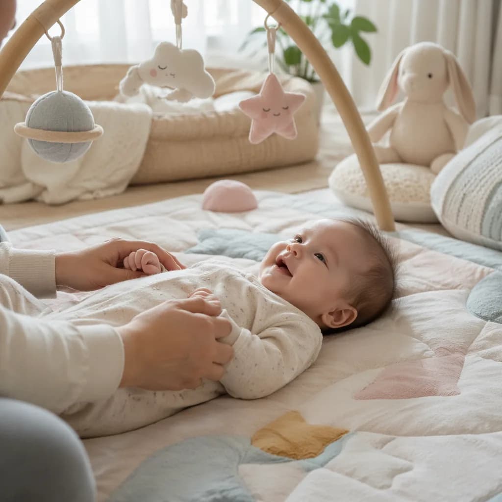 Smiling 2-month-old baby on a soft play mat in a cozy nursery.