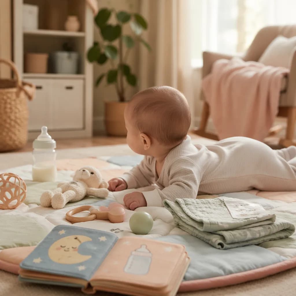 A 4-month-old baby on a soft play mat with toys and feeding items in a cozy nursery.