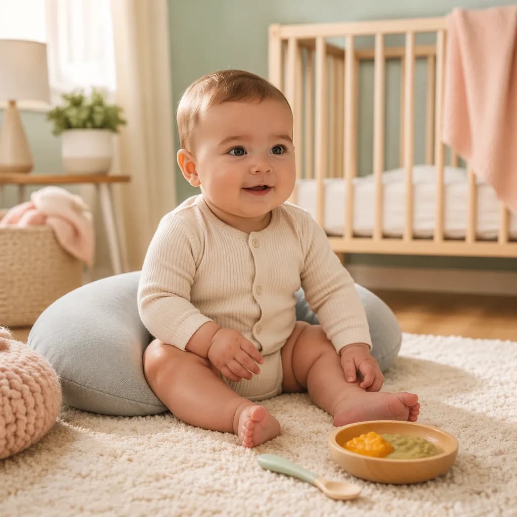 Six-month-old baby sitting in a cozy nursery with first foods and crib nearby.