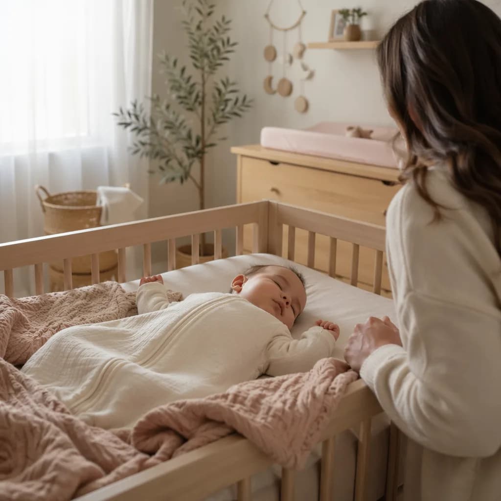 Sleeping baby in a cozy pastel nursery with a parent nearby.
