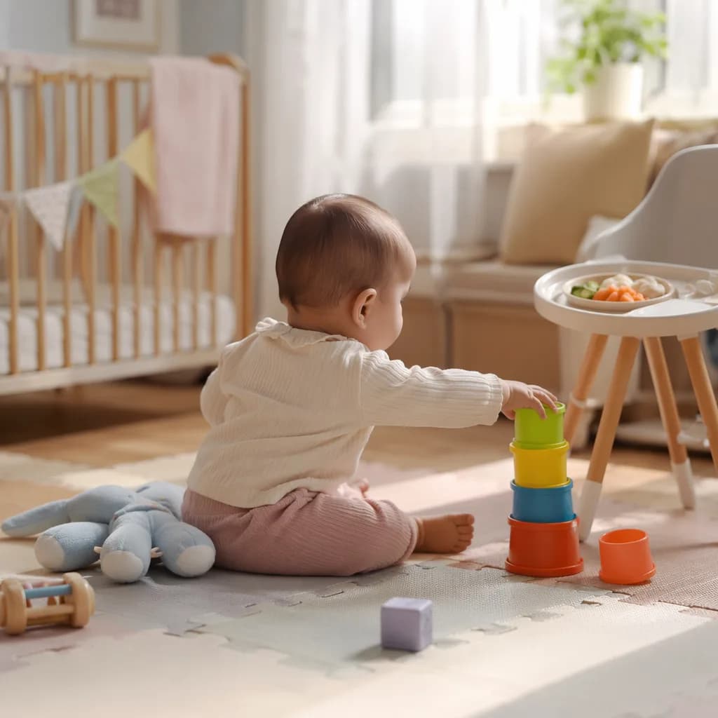 A 9-month-old baby playing on a soft mat with toys and baby foods nearby in a cozy nursery.