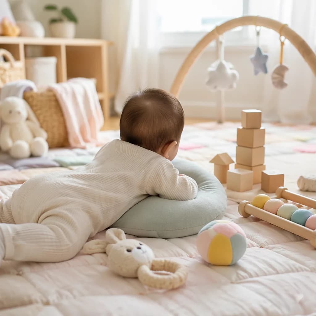 Baby on a soft play mat with toys in a cozy nursery, suggesting first-year milestones.