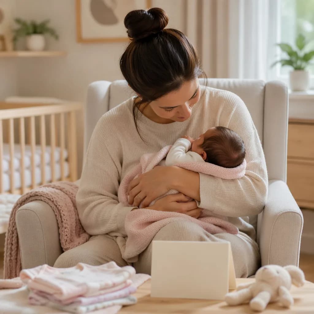 Thoughtful parent holding a newborn in a soft, cozy nursery.