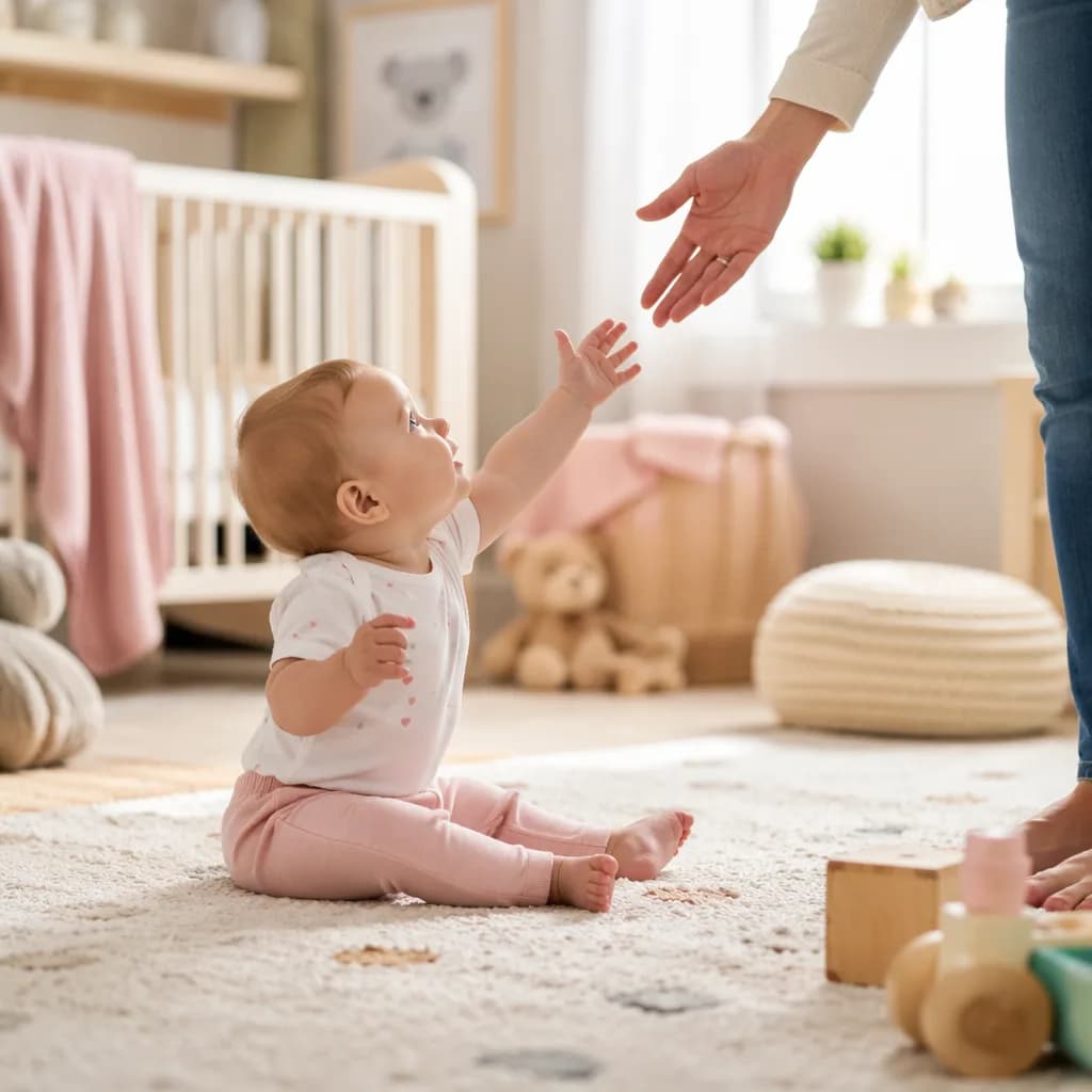 Baby reaching toward a caregiver in a softly lit cozy nursery.