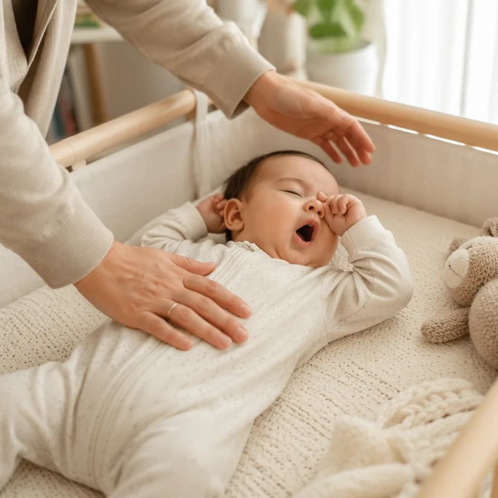 Sleepy baby in a cozy crib showing tired cues with a parent nearby.