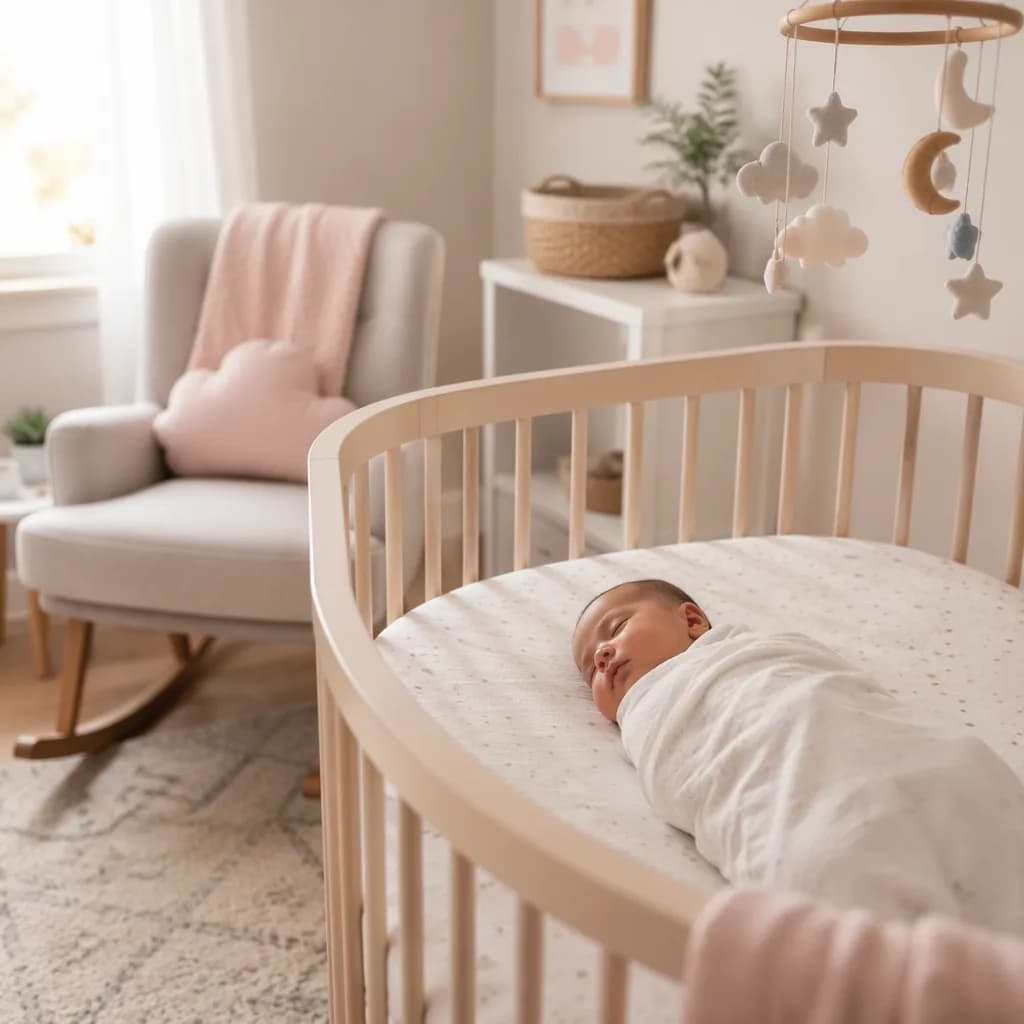 A peaceful baby sleeping in a cozy pastel nursery.